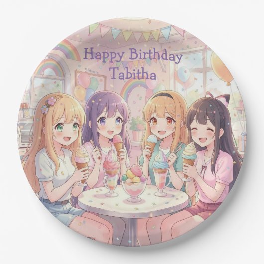 Personalisierte Anime-Mädchen-Eiscreme-Geburtstags Pappteller (Vorderseite)