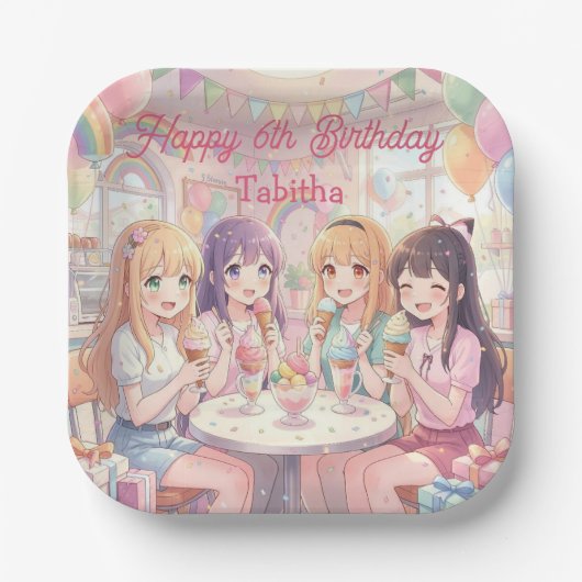 Personalisierte Anime-Mädchen-Eiscreme-Geburtstags Pappteller (Vorderseite)