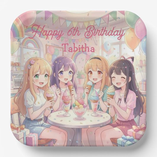 Personalisierte Anime-Mädchen-Eiscreme-Geburtstags Pappteller (Vorderseite)