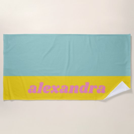 Personalisierte Aqua und Gelbe Retro Typografie Sp Strandtuch (Vorderseite)