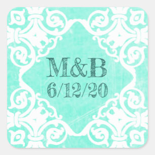 Personalisierte Aquamarine Hochzeitdatum und Ersta Quadratischer Aufkleber
