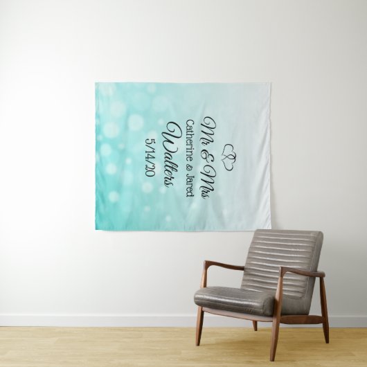 Personalisierte Aquamarine Hochzeitsbanner Wandteppich (Beispiel (Horizontal))
