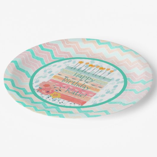 Personalisierte aquamarine korallenrote pappteller (Schrägansicht)