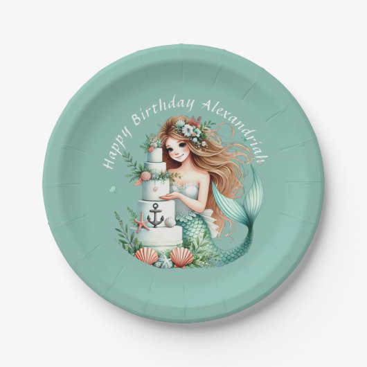 Personalisierte Aquamarine Mermaid Beach Birthday Pappteller (Vorderseite)