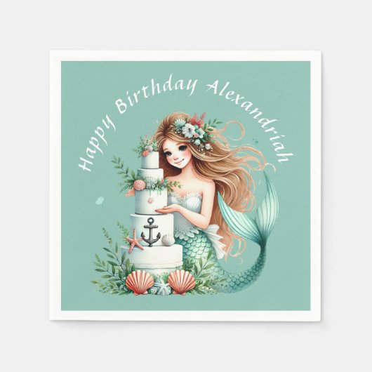 Personalisierte Aquamarine Mermaid Beach Birthday Serviette (Vorderseite)