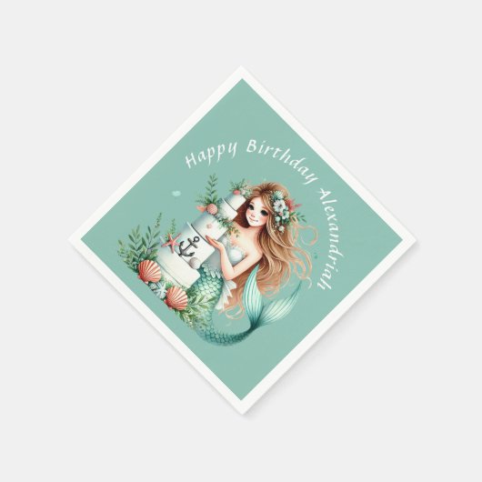 Personalisierte Aquamarine Mermaid Beach Birthday  Serviette (Ecke)