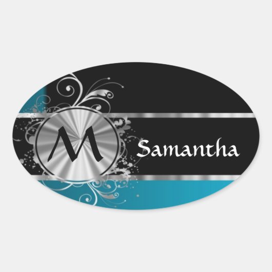 Personalisierte aquamarine Schwarz-Silber-Monogram Ovaler Aufkleber (Vorderseite)
