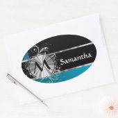 Personalisierte aquamarine Schwarz-Silber-Monogram Ovaler Aufkleber (Umschlag)