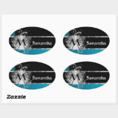 Personalisierte aquamarine Schwarz-Silber-Monogram Ovaler Aufkleber (Blatt)