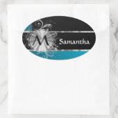 Personalisierte aquamarine Schwarz-Silber-Monogram Ovaler Aufkleber (Tasche)
