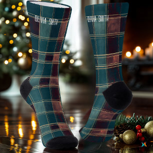 Personalisierte Aquamarine und Burgund Tartan Kari Socken