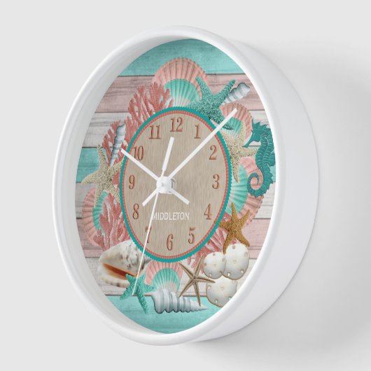 Personalisierte Aquamarine und Coral Seashell and Uhr (Winkel)