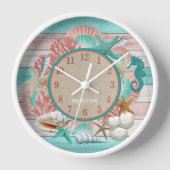 Personalisierte Aquamarine und Coral Seashell and  Uhr (Vorderseite)