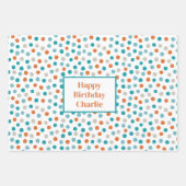 Personalisierte Aquamarine und Orange Fun Polka Pu Geschenkpapier Set (Vorderseite)
