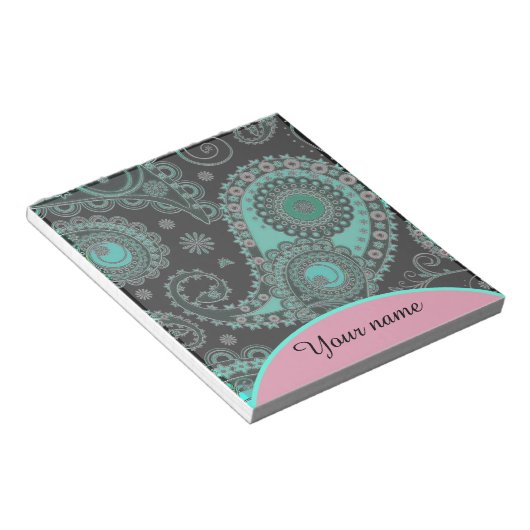 Personalisierte Aquamarine und rosa Paisley Notizblock (angewinkelt)