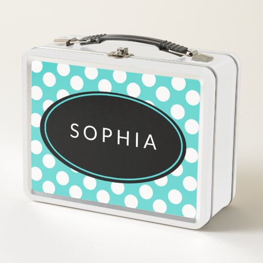 Personalisierte Aquamarine und weiße Polka Dot Lun Metall Lunch Box (Vorderseite)
