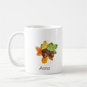 Personalisierte Aquarell-Herbstblätter und Eichel Kaffeetasse
