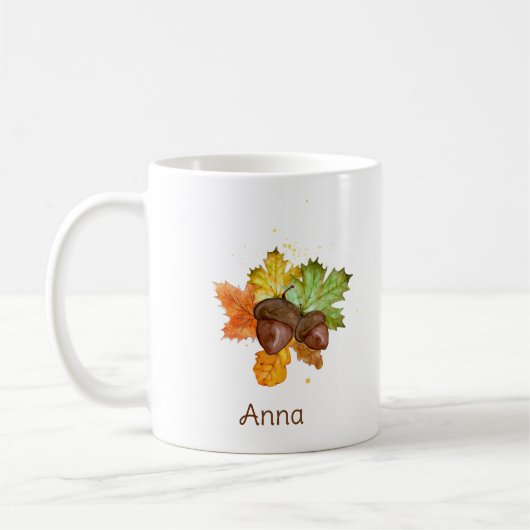 Personalisierte Aquarell-Herbstblätter und Eichel Kaffeetasse (Links)