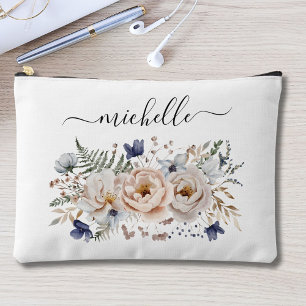 Personalisierte Aquarell hübsche Beige-Blau-Blumen Zubehörtasche