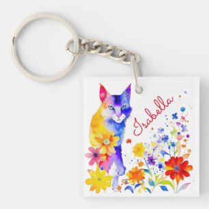 Personalisierte Aquarell-Katze und Blumen  Schlüsselanhänger