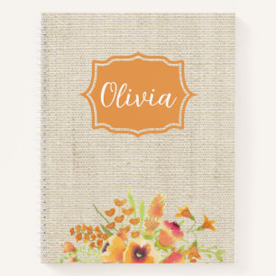 Personalisierte Aquarell-Orangenblumen auf Jute Notizblock