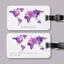 Personalisierte Aquarellbahn-Weltkarte Lila Rosa Gepäckanhänger