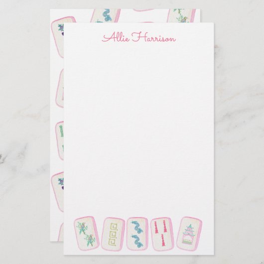 Personalisierte Aquarellfarben Pink & Green Mahjon Briefpapier (Vorne/Hinten)