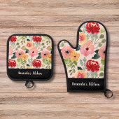 Personalisierte Aquarellfarben-Wildblumen Boho Sty Ofenhandschuh & Topflappen-Set