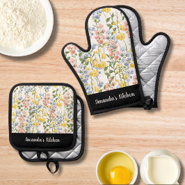 Personalisierte Aquarellfarben-Wildblumen Stilvoll Ofenhandschuh & Topflappen-Set