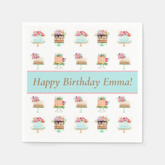 Personalisierte Aquarelltonflora Geburtstagstorte Serviette (Vorderseite)