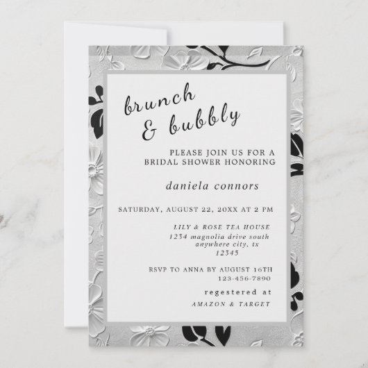 Personalisierte B & W Florals Brunch & Bubbly Einladung (Vorderseite)