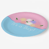 Personalisierte Baby Boy Dusche, Blütenpink und Bl Pappteller (Schrägansicht)