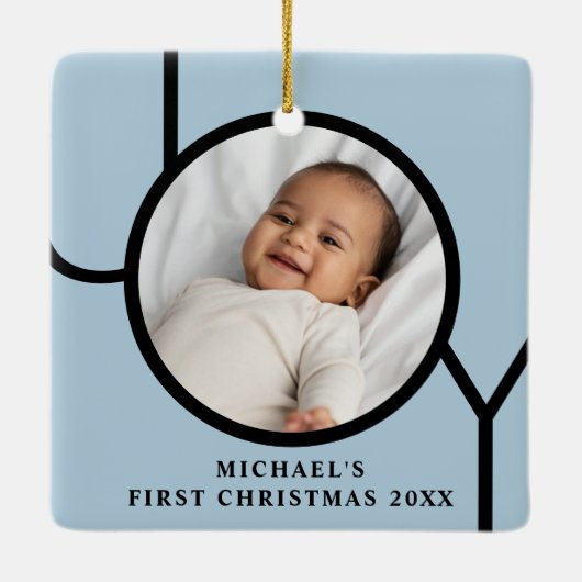 Personalisierte Baby Boy's Blue First Christmas Fo Keramikornament (Rückseite)