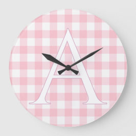 Personalisierte Baby-Rosa-Gingham-Monogramm Große Wanduhr