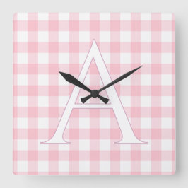 Personalisierte Baby-Rosa-Gingham-Monogramm Quadratische Wanduhr