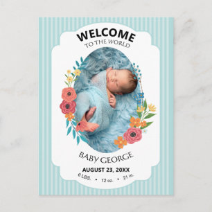 personalisierte babyblaue florale Geburtsanzeigen Postkarte