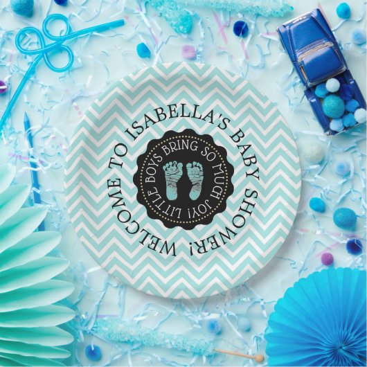 Personalisierte Babydusche Aquamarine Zickzack Pap Pappteller (Party)