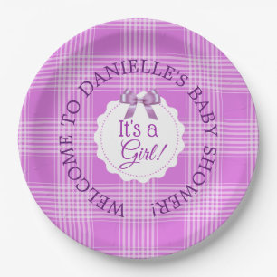 Personalisierte Babydusche Lila Kariert Paper Tell Pappteller