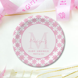 Personalisierte Babyparty mit rosa Blumenmuster  Pappteller