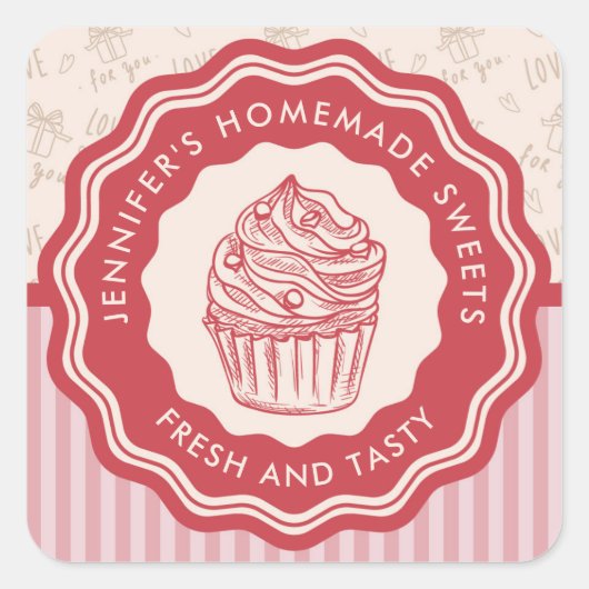 Personalisierte Backwaren, hausgemachte Bäckerei Quadratischer Aufkleber (Vorderseite)