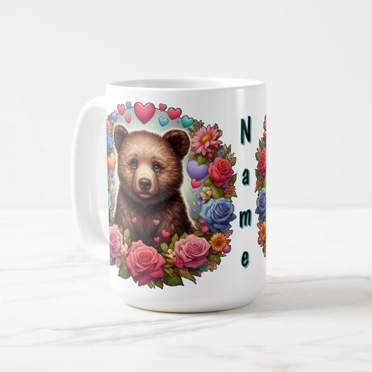 Personalisierte Bärenkuppe mit Rose und Herz Kaffeetasse (Vorderseite Links)