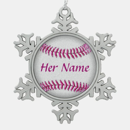 Personalisierte Baseball-Verzierungen mit ihrem Schneeflocken Zinn-Ornament (Vorderseite)