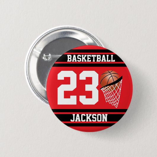 Personalisierte Basketball rot und schwarz Button (Vorne & Hinten)