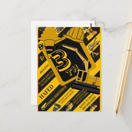 Personalisierte Bauweise für Kindergeburtstage Postkarte (Vorderseite/Rückseite Beispiel)