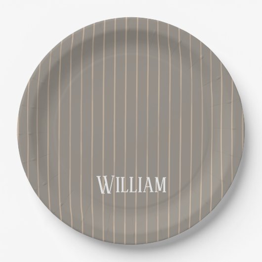 Personalisierte beige Pinstreifen Pappteller (Vorderseite)