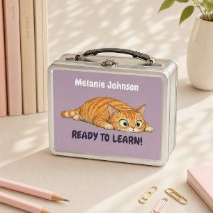 Personalisierte Bereit zum Lernen Orange Katze Mau Metall Brotdose