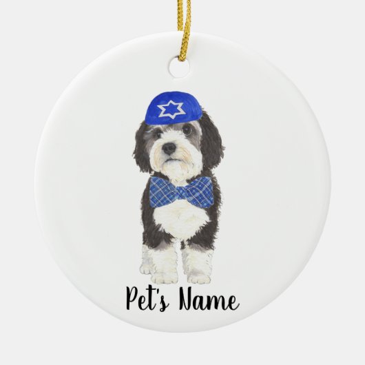Personalisierte Bernedoodle Blue Yarmulke Bow Kraw Keramik Ornament (Vorne)