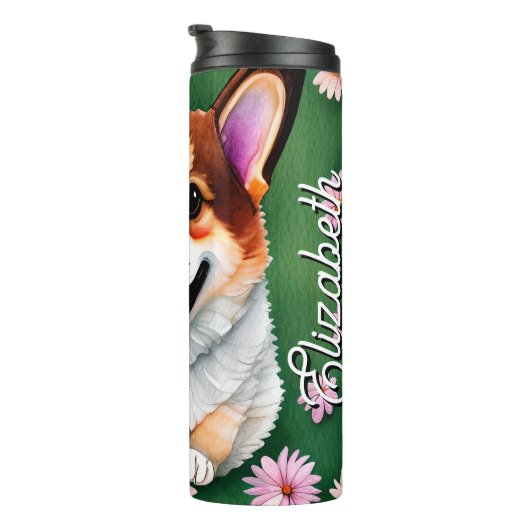 Personalisierte Bezeichnung Daisies und Corgi Thermosbecher (Nach rechts gedreht)
