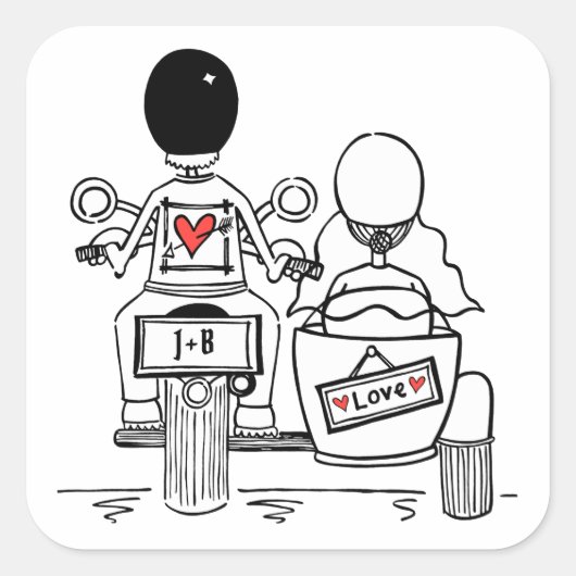 Personalisierte Biker-Motorrad-Hochzeitskleber Quadratischer Aufkleber (Vorderseite)