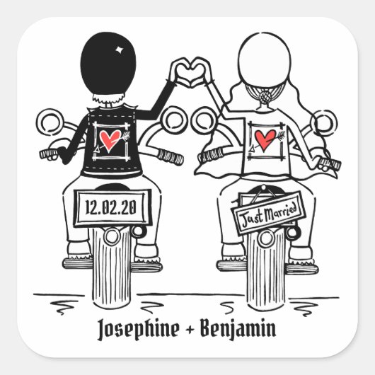 Personalisierte Biker-Motorrad-Hochzeitskleber Quadratischer Aufkleber (Vorderseite)